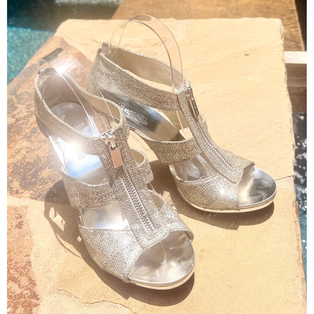 Michael Kors Silver Glitter Zip Front‎ Platform Heels Women's 7.5